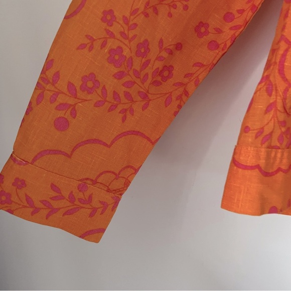 FLAX Bright Orange 100% Linen Shirt Jacket Pink Floral Design Bright Vibrant - Picture 6 of 12